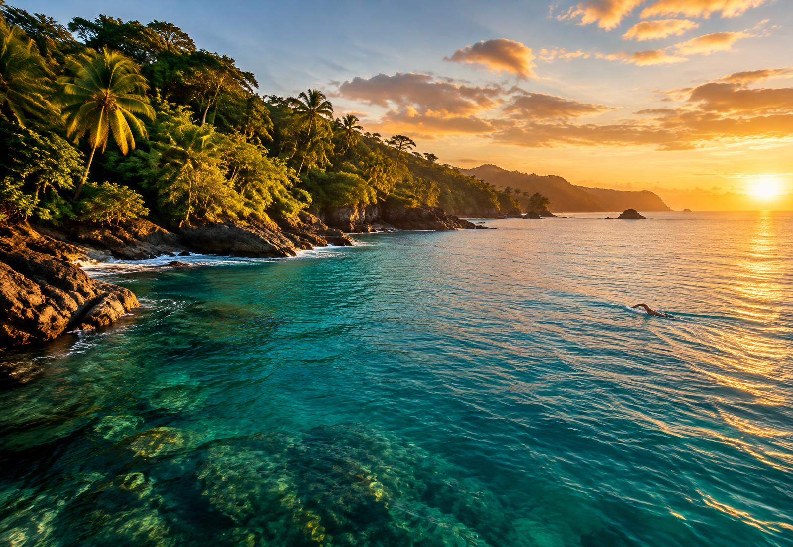 Costa Rican Pacific coastline at golden hour