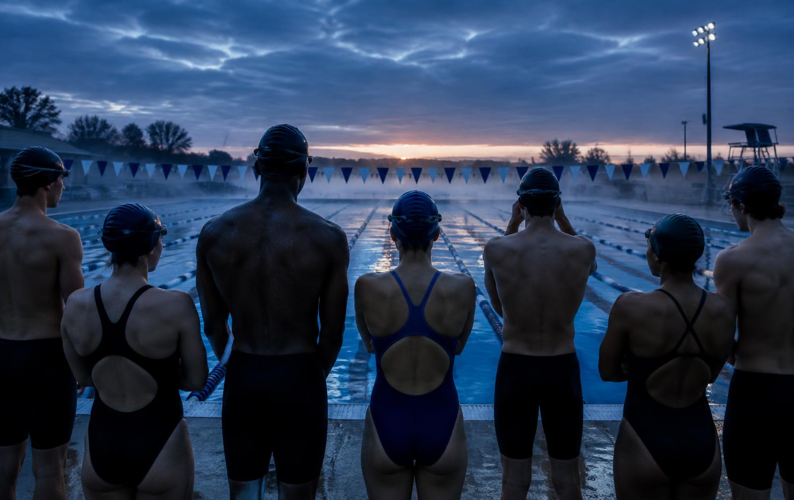 Swim team on a pool deck at dawn